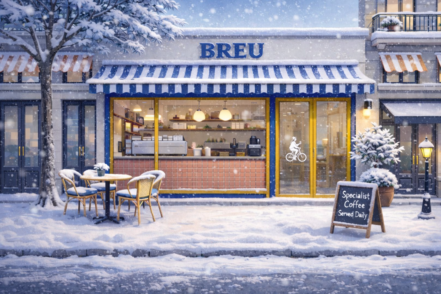 Breu coffee shop in the snow.